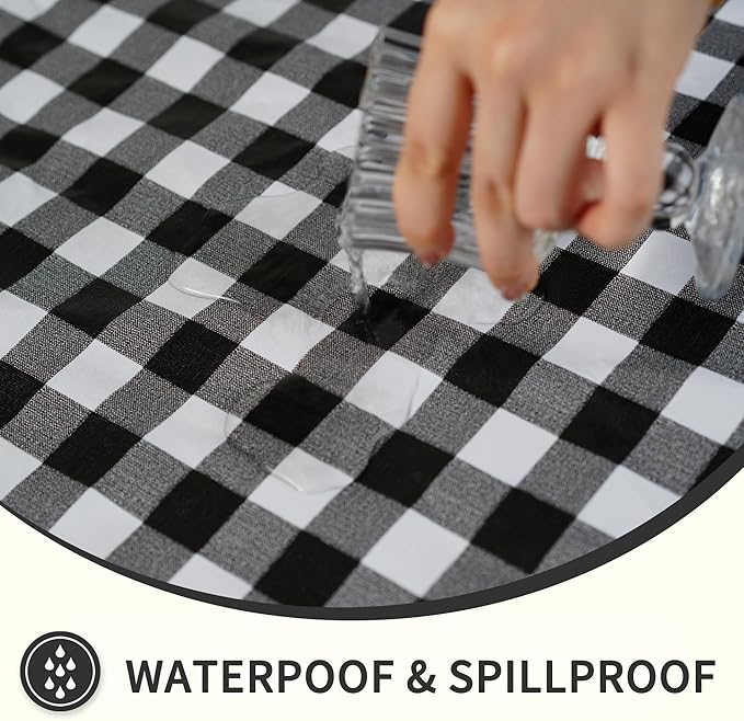 Rectangle Picnic Table Cloth, Elastic Waterproof Fitted Vinyl Tablecloths for 8 Foot Tables, Wipeable Flannel Backed Table Covers for Dining, Camping, Outdoor(Black Plaid,36"x96")