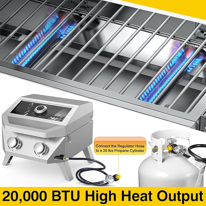 BESTFIRE 2-Burner Tabletop Propane Grill, 20000 BTU Stainless Steel Portable BBQ with Viewing Glass Lid, Built-in Thermometer & Push-Button Ignition for Patio, Camping, RV & Tailgating