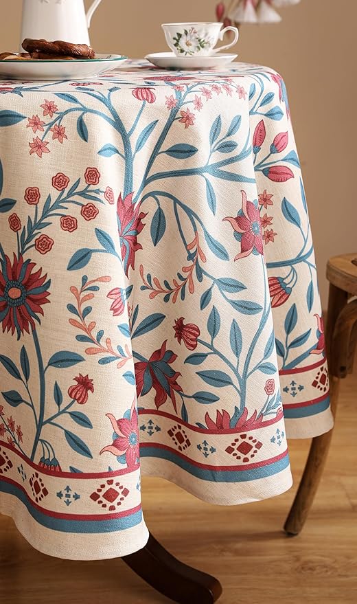 Designer Floral Linen Round Tablecloth,Vintage William Morris Wrinkle Resistant Table Cloth,Decorative Table Cover for Kitchen,Dining,Thanksgiving,Christmas,Diameter 67"-Dorodango B
