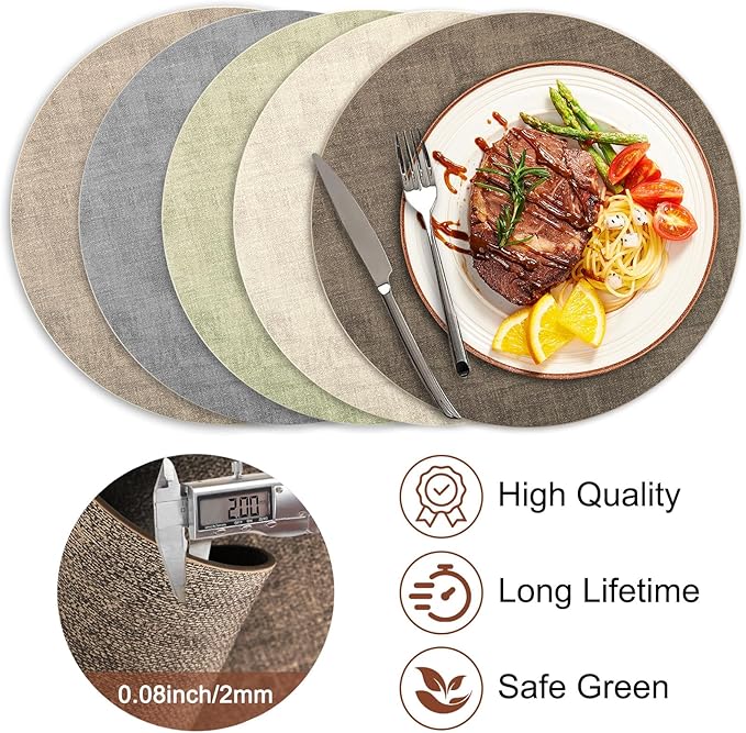Round Faux Leather Placemats and Coasters, Set of 4, Reversible Heat Resistant Non-Slip Table Mats, Waterproof Wipeable Place Mats for Dining Table, Washable for Indoor & Outdoor (4, Dark Brown)