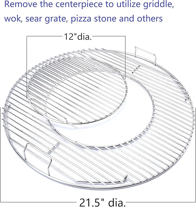 GasSaf Grill Grates Replacement for Weber 8835, 22.5 inch Charcoal Grills, Kettle, Performer, Master-Touch and Others, 21.5 Inches Gourmet BBQ System Hinged Stainless Steel Cooking Grate Grids