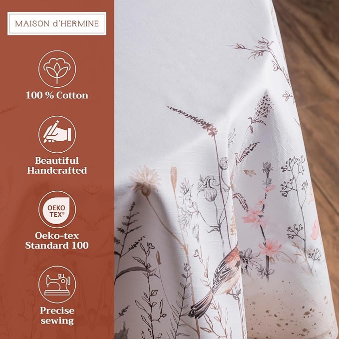 Maison d' Hermine Table Cloth Round Table 100% Cotton 69 Inches Tablecloth Reusable Decorative for Dining Room, Farmhouse, Home, Party, Festive & Wedding Spring Summer - Meadow Florals - Brown