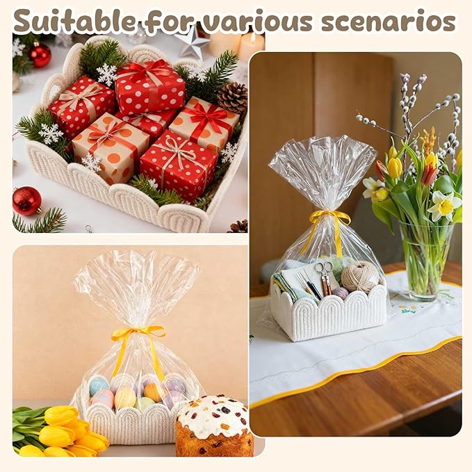 2 Pcs Small White Scalloped Wicker Hand-Woven Rattan Baskets with Built-in Handles and Clear Gift Bags 12"X 8" X 5" for Baby Diaper Caddy Basket Baby Shower Gifts Easter Egg Storage