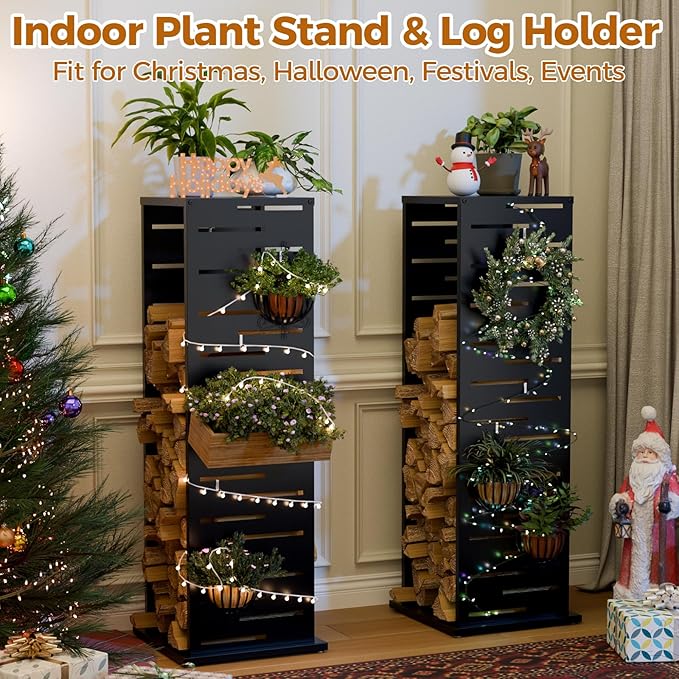 4ft Firewood Rack with Louver Pattern, Fire Wood Rack Log Holder with Hooks Adjustable Feet, Firewood Storage for Outdoor Indoor Fire Pits Fireplace Patio Balcony Black