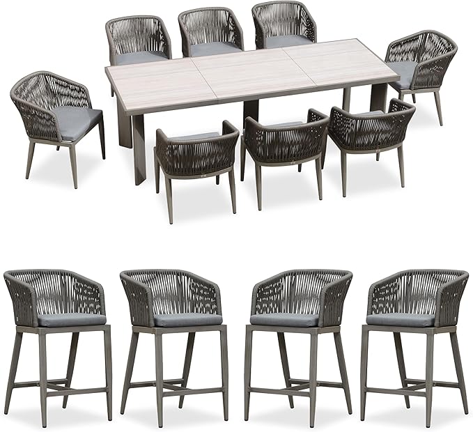 PURPLE LEAF 9 Pieces Outdoor Dining Set Patio Table and Chairs Set Aluminum Rattan Wicker Patio Furniture Set for Lawn Backyard Deck Grey with Counter Stools
