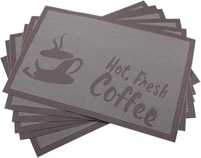 Gugrida Placemats Set of 6 Plaid Checkered Coffee Heat-Resistant Anti-Skid PVC Placemat for Dining Table Durable Woven Vinyl Stain tablemats 18"X12", Large