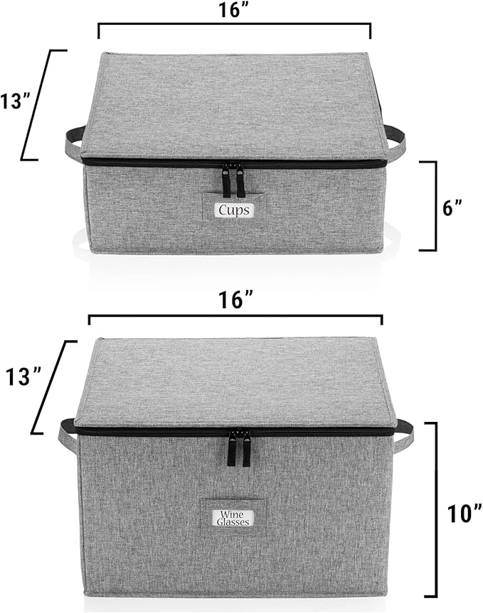 Wine Glass Storage and Cup Storage Case - Set of 2 Stackable Containers with Fully Padded Interior and Outside Hard Shell - 12pcs per Box with Insert Cards for Labelling and Side Handles
