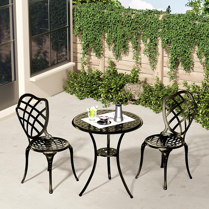 3 Piece Patio Bistro Set, Outdoor Bistro Table and Chairs Set of 2 w/Umbrella Hole, Rust-Resistant Cast Aluminum Bistro Set for Garden/Balcony/Backyard, Golden Bronze