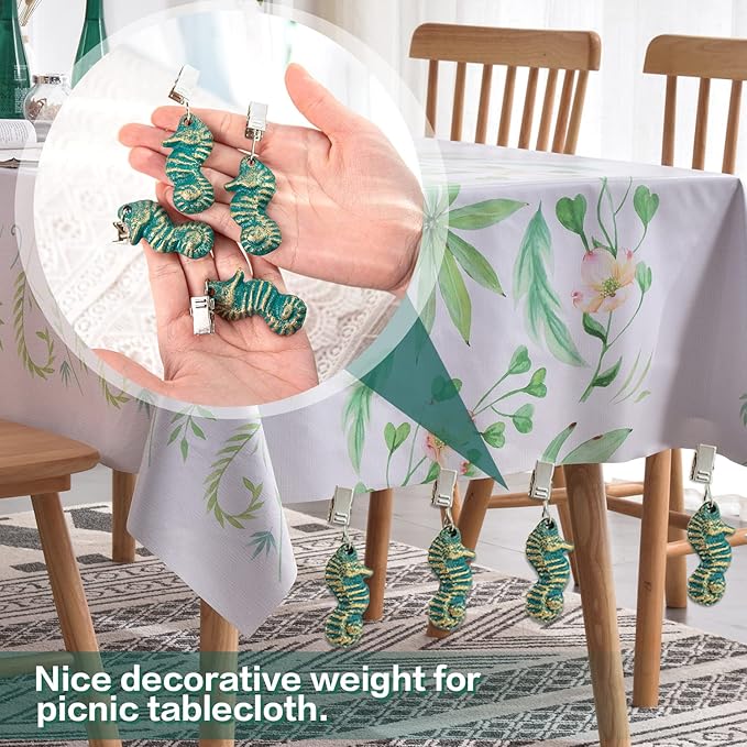 Sungmor Cast Iron Tablecloth Weights - 4 Pack Vintage Green Sea Horse Table Cloth Weights Clip On - Heavy Weights for Picnic Tablecloth, Outdoor Tables, Garden Flags, Curtains