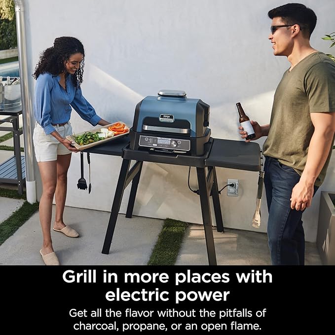 Ninja OG951 Woodfire Pro Connect Premium XL Outdoor Grill & Smoker, Bluetooth, App Enabled, 7-in-1 Master Grill, BBQ Smoker, Outdoor Air Fryer, Woodfire Technology, 2 Built-In Thermometers, Black/Blue