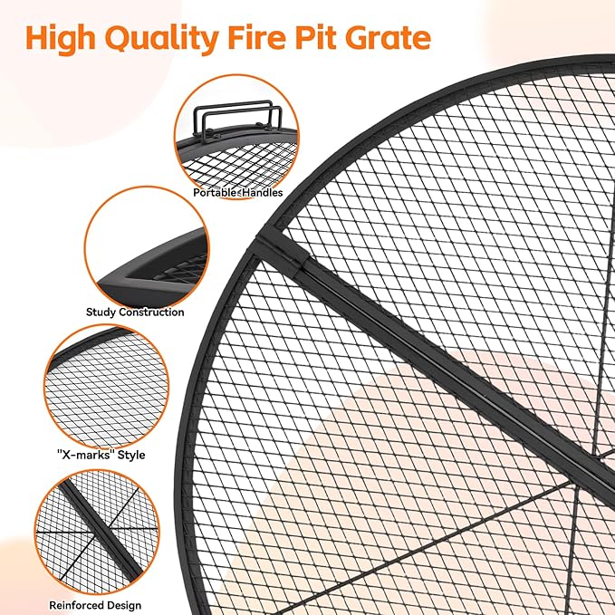 X-Marks Fire Pit Cooking Grill Grate with Support X Wire - Heavy Duty Folding Round Campfire Grill Grid - Portable Camping Cookware for Outside Party Gathering - 36 inch
