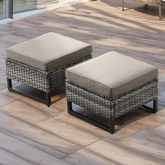 HUMMUH Outdoor Ottomans for Patio Set of 2 PE Wicker Outdoor Footstool with Removable Weather-Resistant Cushions for Patio, Backyard