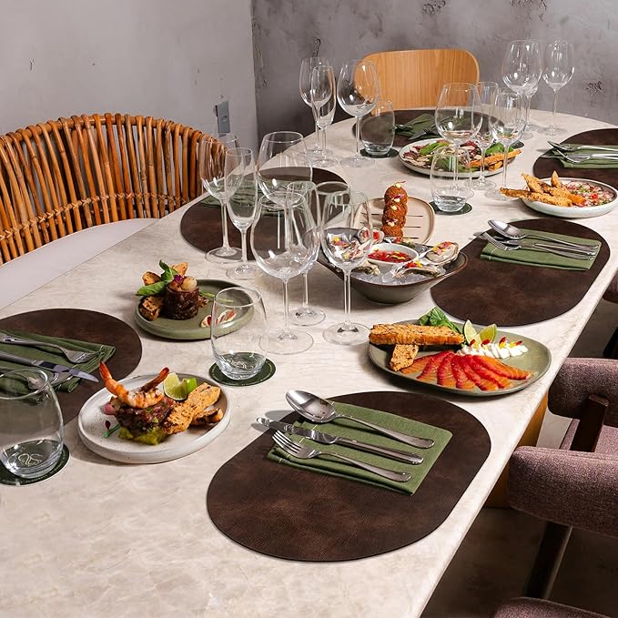 ADRIMER Placemats, Heat Resistant Oval Placemats Set of 6 Washable 12 x 17 Inch, Waterproof Table Mats, Wipeable Pu Place Mats for Kitchen, Dining Room, Coffee