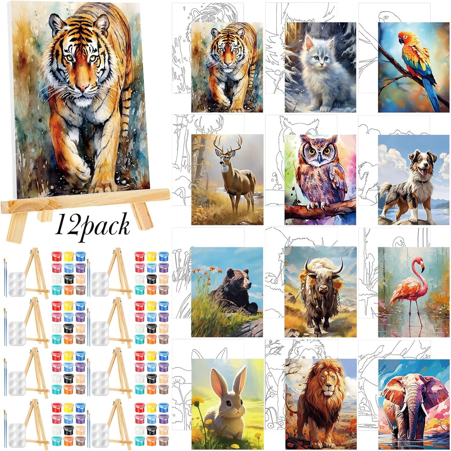 Zhanmai 12 Pack Pre Drawn Canvas for Painting Sip and Paint Kit 8" x 10" Paint Party Set Canvas Painting Pre Printed Canvases for Party Favor DIY Virtual Adult's Date Night(Animals)