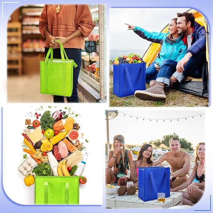 10 Pack Large Insulated Grocery Bags Reusable Shopping Bags with Zippered Top 13 x 12 x 7 Inch Thermal Cooler Totes Bulk with Handles for Hot Cold Food Delivery Refrigerator(Green, Blue)