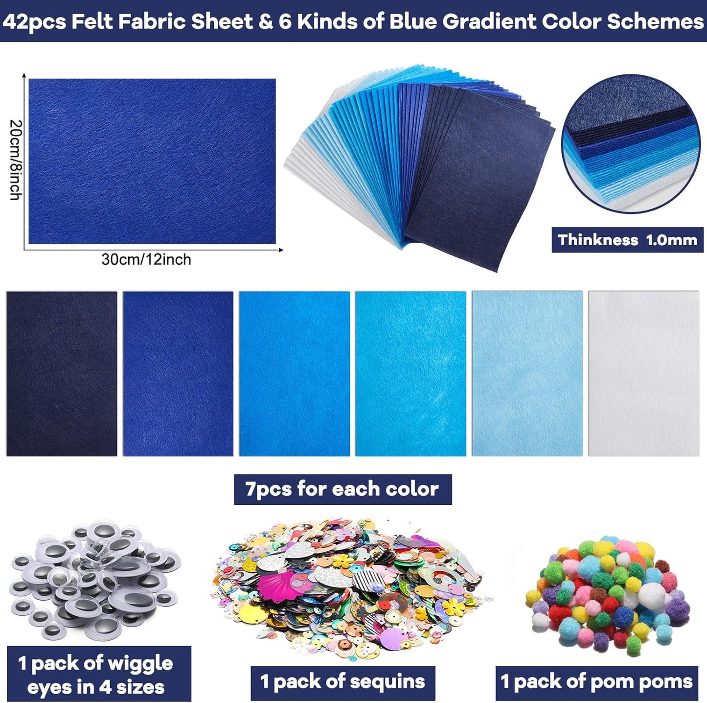 gisgfim 42Pcs Blue Felt Fabric Sheets Craft Kit 8 x 12 Inch Assorted Soft Thick Winter Blue Felt Pack with Wiggle Google Eyes Pom Poms Glitter Patchwork Craft for DlY Sewing Creative Art Project Decor