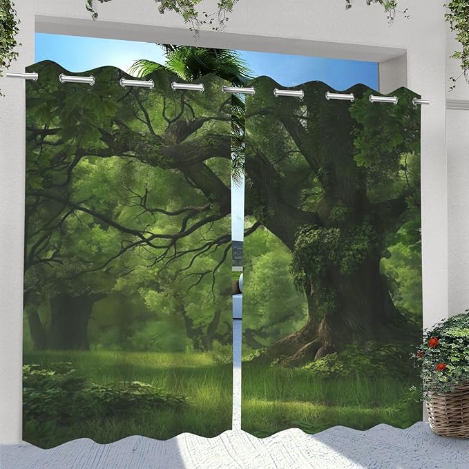 Nature Theme Outdoor Curtains for Patio Waterproof,Forest Pattern,Privacy, Grommet Curtains for Patio, Pergola, Porch, Deck, Lanai, and Cabana,Set of 2 Panels,42 x 84 inch,Green