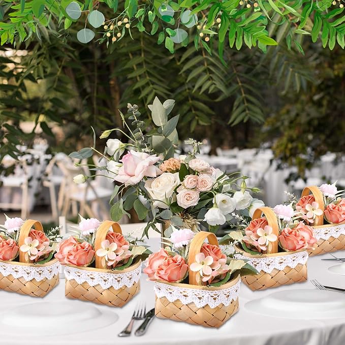 Geelin 12 Pcs Mini Flower Girl Basket Mini Woven Baskets with Handles Rustic Elegant Flower Holder for Wedding Party, Home Decoration, Garden Decor and DIY Decor