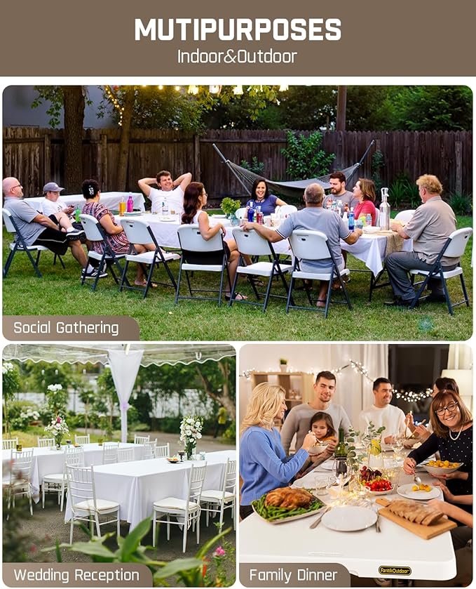 FanttikOutdoor 8ft Folding Table with Six Legs, 500 LBS Heavy Duty Plastic Fold-in-Half Table, Foldable Table w/Handle for Indoor Outdoor Party Wedding Office Camping Banquet, White Zeta X8 Pro