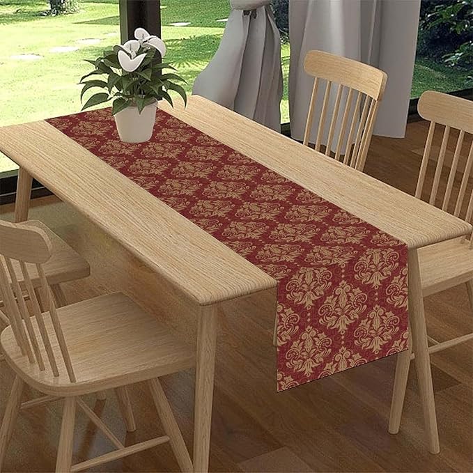 Red Damask Table Runner, Rustic Gothic Baroque Style Floral Boho Flower Antique Coffee Vintage Retro Table Center Decor for Kitchen and Dining Outdoor Home Country Party Table Decorations, 13"x72"