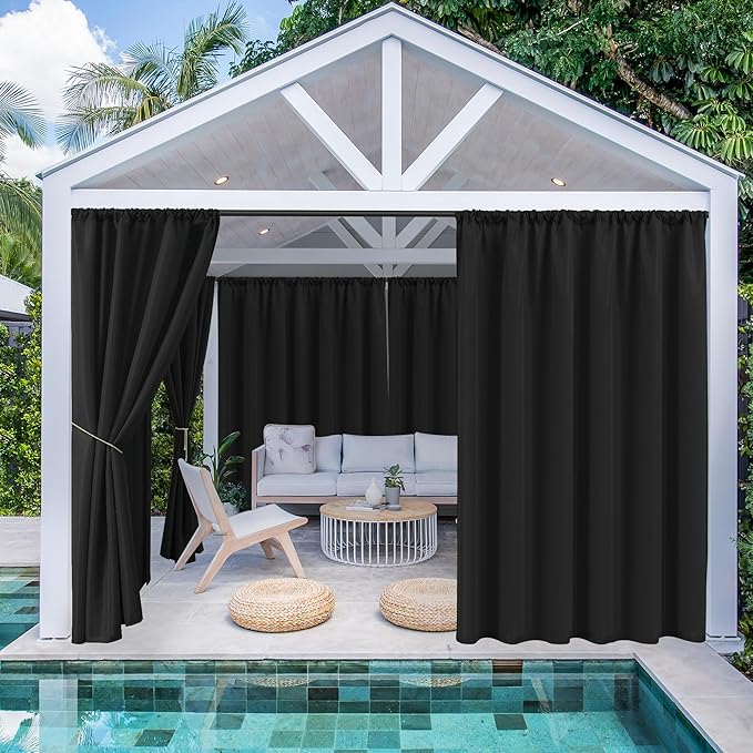 HolidayIdeas Outdoor Patio Curtains Waterproof with Rod Pocket 4 Panels 54x95 Inch- Protect Privacy Balcony Outdoor Curtains for Apartments,Porch, Gazebo, Pergola, Sliding Glass Door, Black