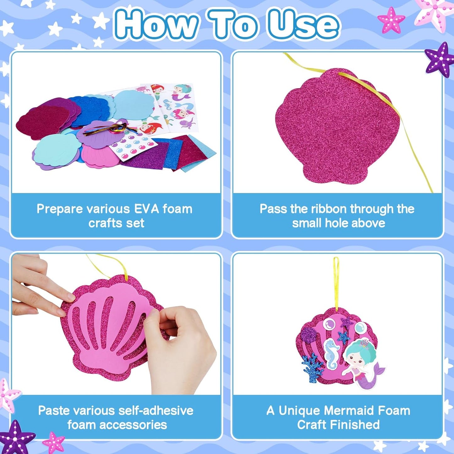 Fennoral 8 Pack Mermaid Craft for Kids Creative Make Your Own Mermaid Shell Foam Stickers DIY Arts and Crafts for Kids Boys Girls Summer Art Activity Party Decoration Birthday Gifts