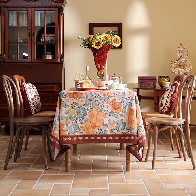 Vintage Linen Extra Long Rectangle Tablecloth,Italian Orange Floral Wrinkle Resistan Table Cloth,Decor Table Cover for Kitchen,Dining,Thanksgiving,Christmas,63"*110"-Positano