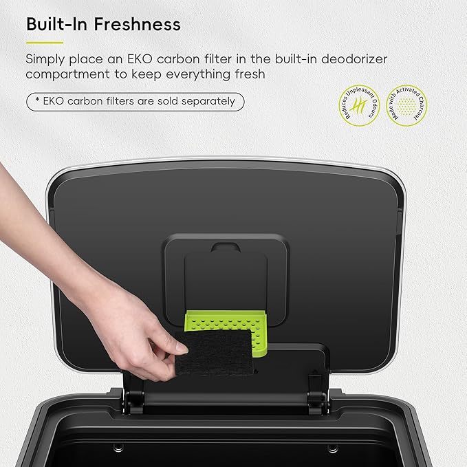 EKO Hudson 50 Liter/13.2 Gallon Kitchen Trash Can with Soft Close Lid, Stainless Steel Step Trash Can, Garbage Can with Rear Trash Bag Storage Compartment for Kitchen, Matte Black