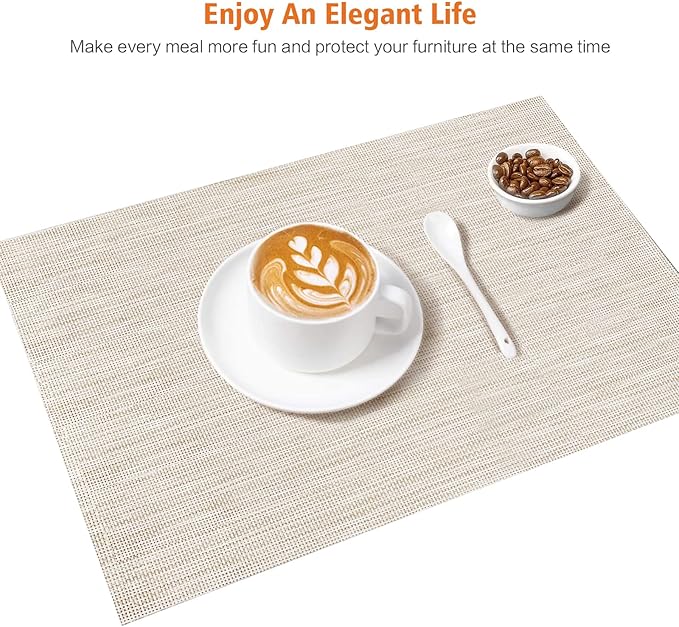 Placemats Set of 6,Washable,Heat and Stain Resistant Indoor/Outdoor Place mats,Vinyl Woven Non Slip Table Mats for Restaurant Table Protection,PVC Placemats(Beige White,6PCS)