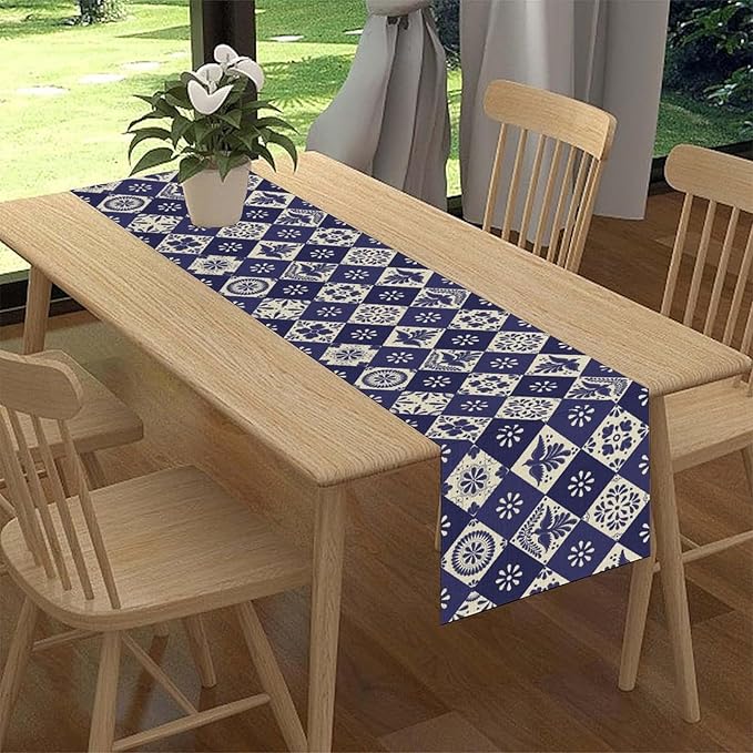 Floral Birds Mexican Table Runner, Blue Mexico Talavera Ceramic Tiles Cinco De Mayo Azulejo Coffee Table Center Decor for Family Kitchen and Dining Patio Indoor Outdoor Table Decorations, 13" X 36"