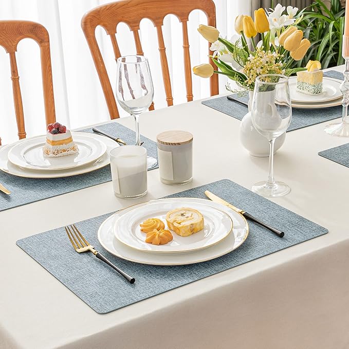 Romanstile Vinyl Placemats Set of 12-12 X 17 Inch - Heat Resistant Place Mats 100% Waterproof Oilproof Wipeable Reversible Faux Leather Table Mats for Kitchen, Dining, Party, Outdoor, Sky Blue