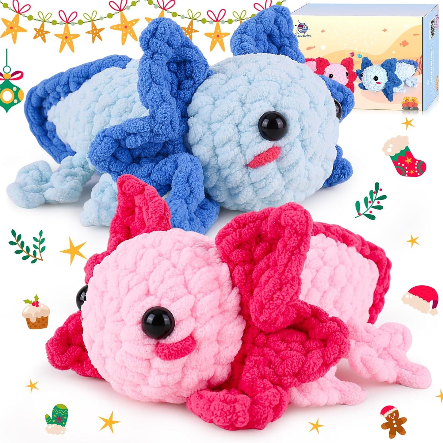 Crochetta Crochet Kit for Beginners, Crochet Starter Kit w Step-by-Step Video Tutorials, Beginner Crochet Kit for Adults Kids Women Men Complete Kit Included (2 Axolotls)