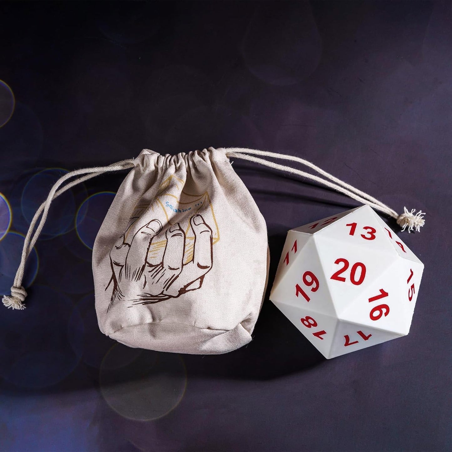Large D20 Foam DND Dice, 80mm Spindown D&D RPG 20 Sided Dice with Drawstring Bag for Role Playing Games （White ）