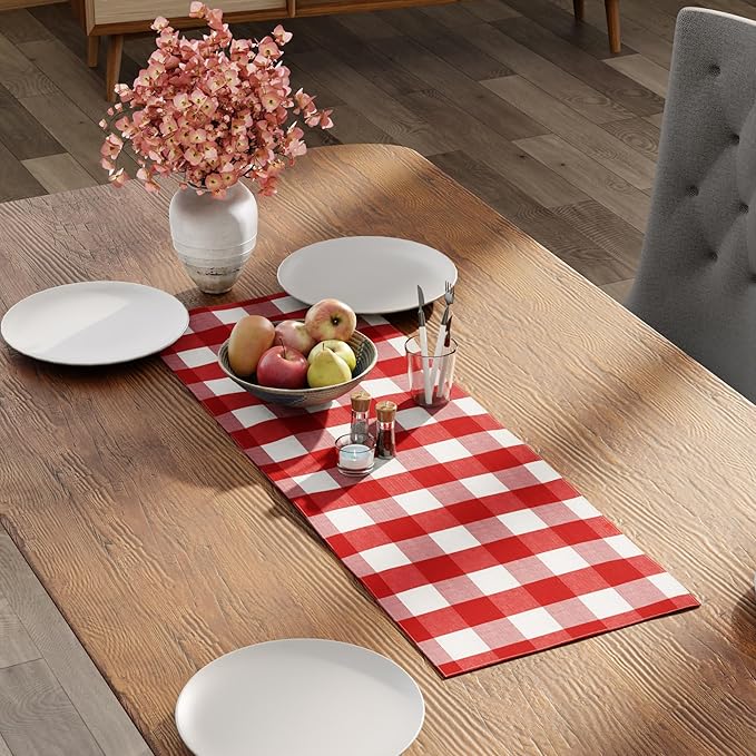 Encasa XO Cotton Dining Table Runner | Buffalo Red Checks | Size 13x36 in - Machine Washable & Durable