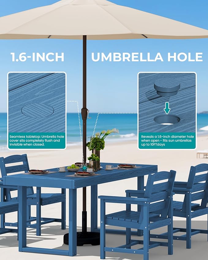 SERWALL HDPE Outdoor Dining Set for 6, 67'' All Weather Patio Dining Table and Chairs Set for Deck, Lawn, Blue