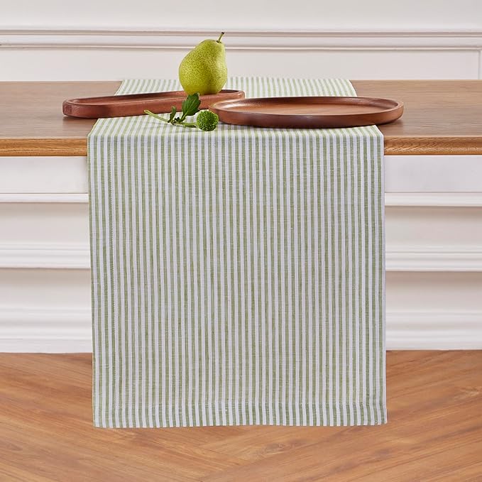 Solino Home Linen Table Runner 132 Inches Long - Narrow Stripe, 100% Pure Linen Avocado and White Farmhouse Table Runner 14 x 132 Inch for Dining, Spring, Easter, St Patricks Day