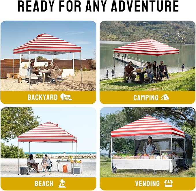 CROWN SHADES 10x10 Pop Up Canopy - Beach Tent with One Push Setup - Easy Outdoor Sun Shade for Events, Parties, Camping - Gazebo with STO-N-Go Cover Bag, Silver Coated Top, Red Strips