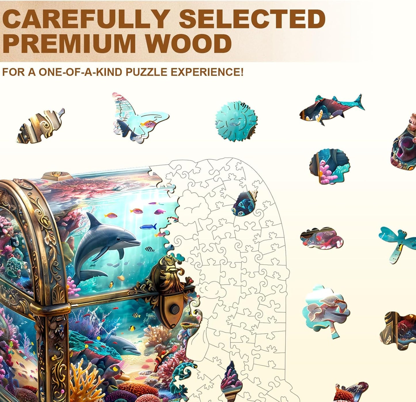 Wooden Puzzles for Adults, Treasure Chest Ocean Wooden Jigsaw Puzzle Unique Shape Animal Wood Puzzles Adult 3D Visual Effect, Birthday Gifts for Puzzle Lovers Family Games (L-13.4 * 12.9in-260pcs)