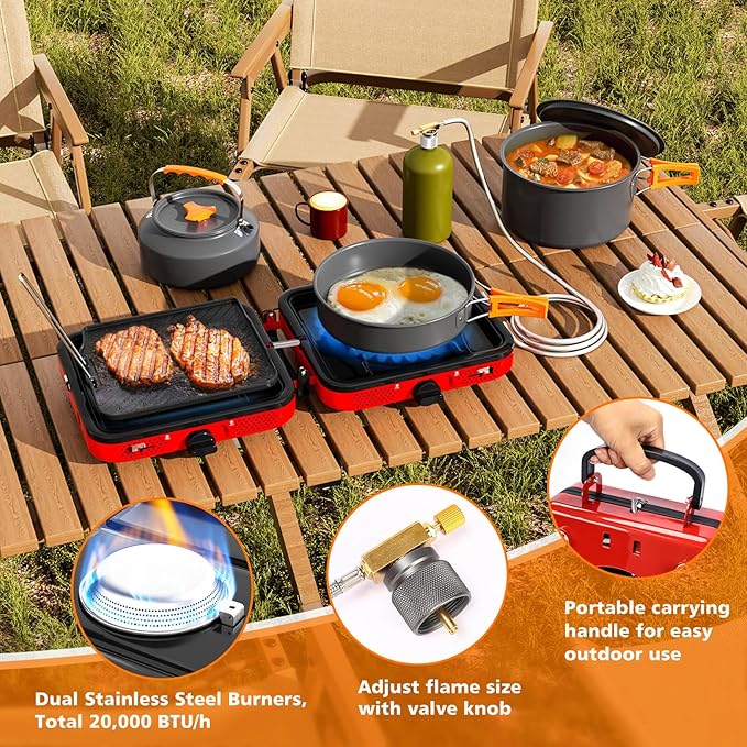 Hisencn Camping Stove,2 Burner Propane Stove,20000 BTU/h Camping Cooking set Includes Frying Pan,Kettle and Pot,Adjustable Burners & Piezo Ignition,Portable stove for camping Outdoor,Red