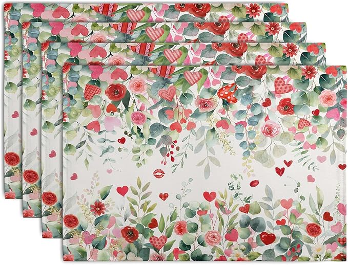 Valentines Eucalyptus Leave Placemats Set of 4, 12x18 Inch Valentine Heart Rose Floral Table Mats Spring Summer Washable Heat Resistance Place Mats for Kitchen Dining Indoor Decor