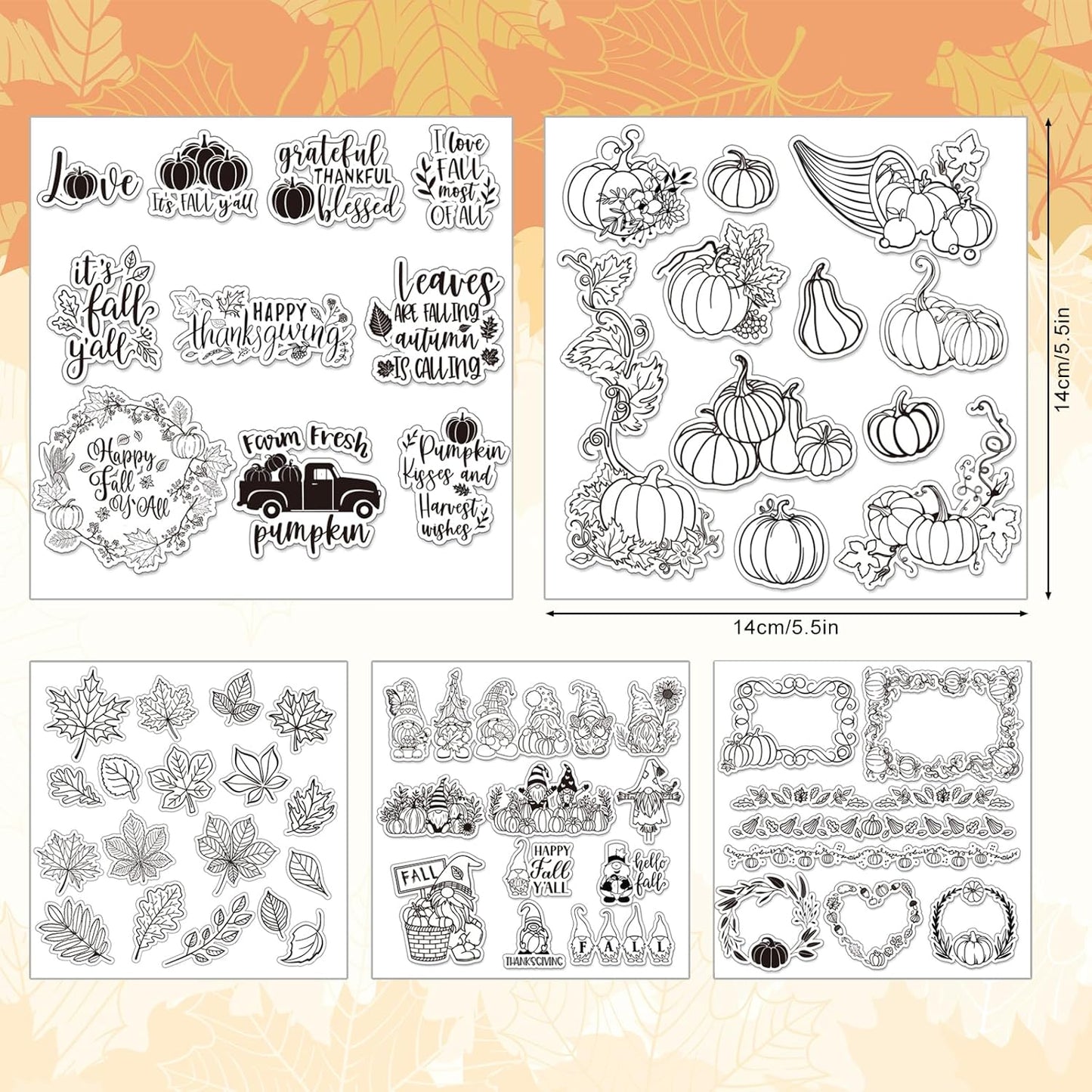Whaline 5 Sheet Fall Thanksgiving Clear Stamps Autumn Leaves Pumpkin Gnome Silicone Transparent Stamps Happy Fall Border Stamp Cards for DIY Craft Card Making Scrapbooking Embossing Album Decor