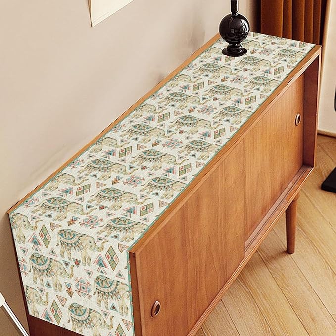 Boho Elephant Table Runner, Rustic African Tribal Indian Diwali Aztec Bohemian Green Geometric Coffee Table Center Decor for Home Kitchen Dining Holiday Party Outdoor Table Decorations, 13"x90"
