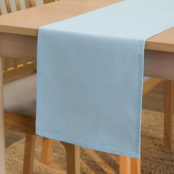 Encasa XO Table Runner 13"x104" Long | Cotton Canvas Fabric | Ice Blue Solid Color | Machine Washable & Durable