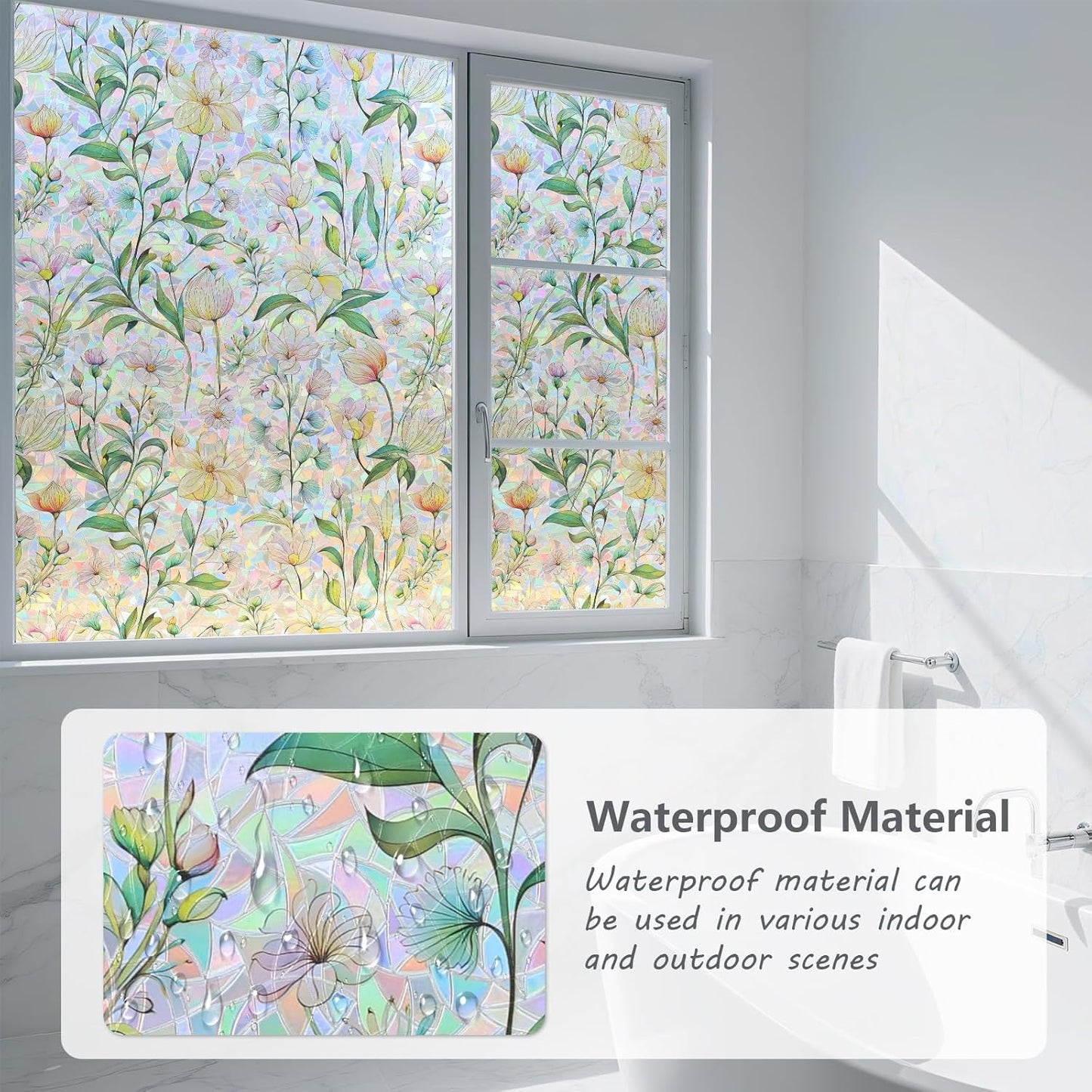 FINNEZ Window Privacy Film Stain Glass Film Flowers Rainbow Window Film Window Clings Non-Adhesive Reusable Decorative for Home（Forest Rainbow，17.5 Inch x 6.5 Feet）