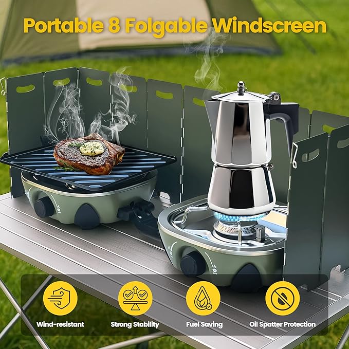 BJIPFO 2 Burner Foldable Camping Stove, Portable Propane Camp Stove,With Grill、Carry Bag Windscreen，20,000BTU Adjustable Burners & Piezo Ignition for Tailgating,BBQ,camp essentials gear