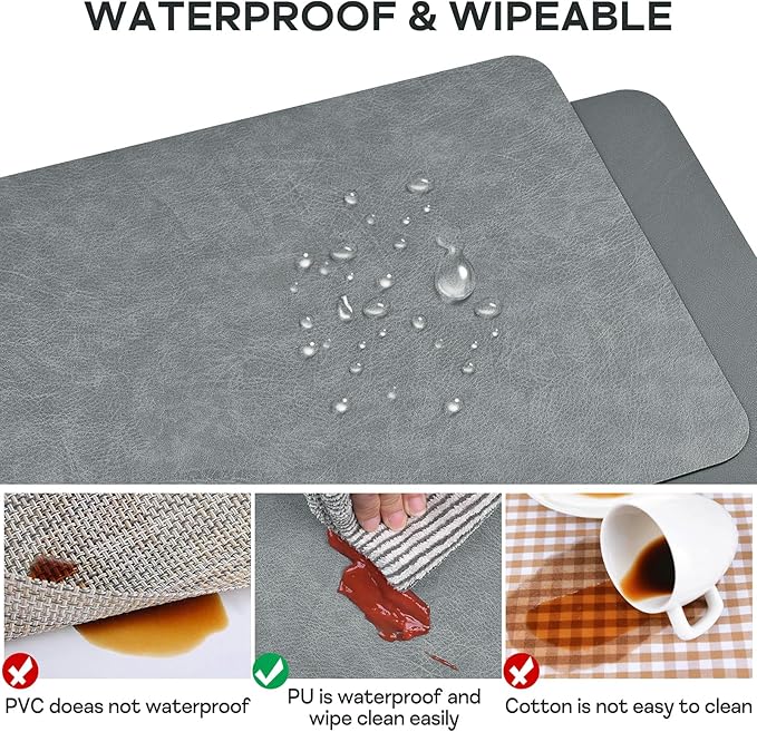 Faux Leather Placemats Set of 6 Table Mats Heat Resistant Reversible Place Mats, Waterproof Wipeable Dining Table Place Mats for Kitchen/Dining/Party/Outdoor,15.8 × 11.8 inches (Washed Grey)