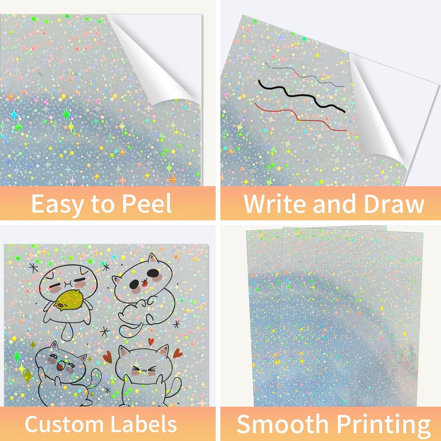 Printable Sticker Paper, 20 Sheets Printable Holographic Star Sticker Paper, Laser/Inkjet Printing- Holographic, Letter Size (8.5" x 11")