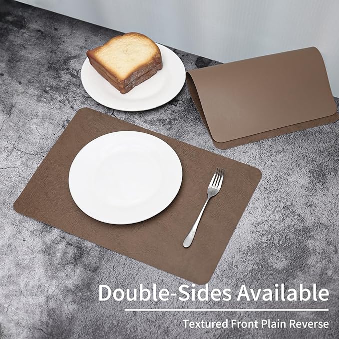 Cowhide Pattern Faux Leather Placemats Set of 6,Heat Resistant Non-Slip Waterproof Wipeable Washable Kitchen Dining PU Table Place Mats,Double-Sides Available,Dark Brown