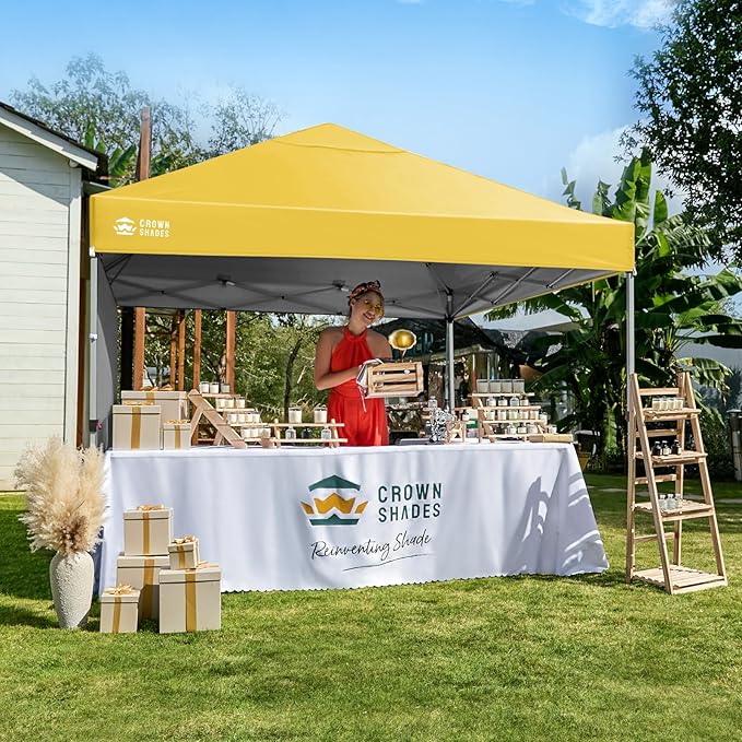 CROWN SHADES 8x8 Pop Up Canopy with 1 Side Wall - Beach Tent with One Push Setup - Outdoor Sun Shade for Events, Parties, Camping - Gazebo with STO-N-Go Cover Bag (Yellow)