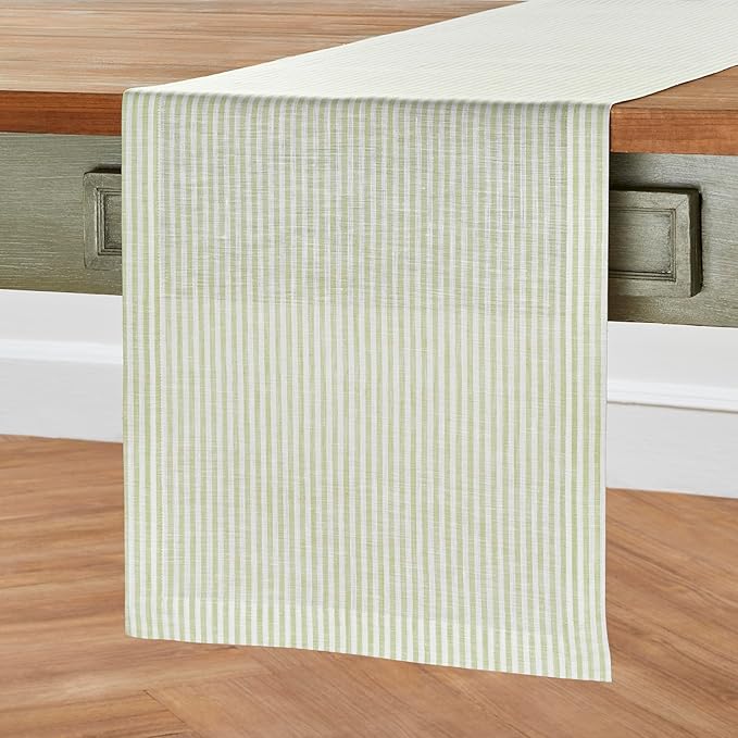 Solino Home Linen Table Runner 60 Inches - Narrow Stripe 100% Pure Linen Sage and White Farmhouse Table Runner 14 x 60 Inch Ideal for Dresser and Coffee Tables - Spring, St Patricks Day, Easter